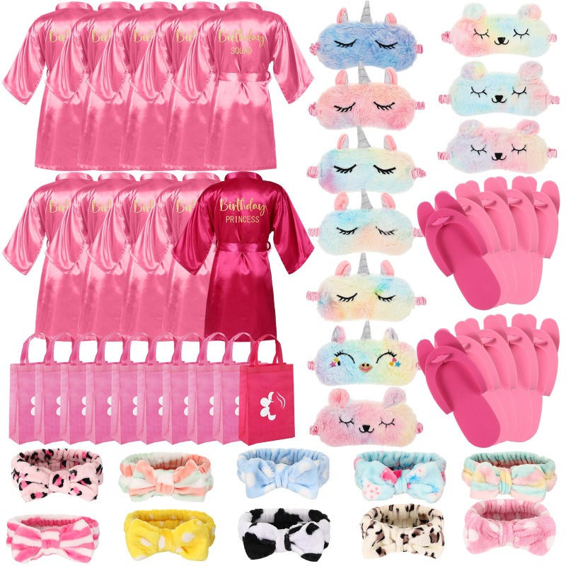 Bonuci 50 Pcs Spa Party Supplies for Girls, 10 Satin Robe 10 Kids Slippers Sleepover Birthday Spa Party Favors (1 Rose Red, 9 Pink) - Image 1