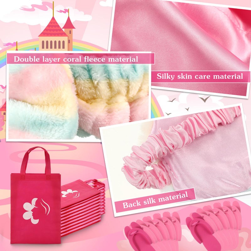 Bonuci 50 Pcs Spa Party Supplies for Girls, 10 Satin Robe 10 Kids Slippers Sleepover Birthday Spa Party Favors (1 Rose Red, 9 Pink) - Image 5