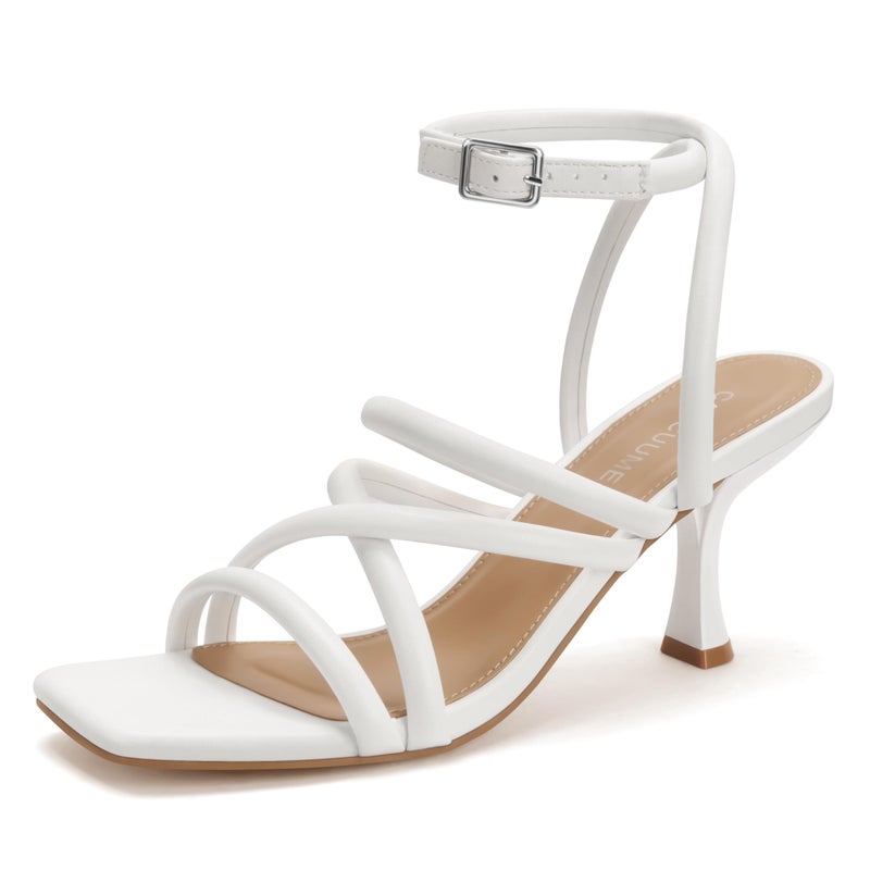 Carcuume Womens Square Toe Strappy Lace Up Heeled Sandals Ankle Buckle Kitten HeelGINASWHITE PU75