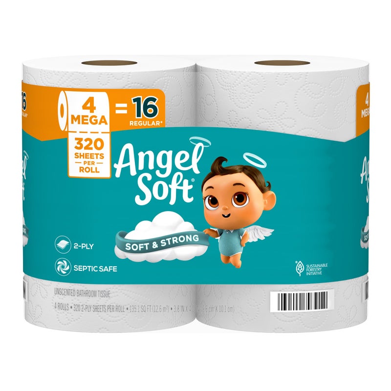 Angel Soft Toilet Paper, 4 Mega Rolls = 16 Regular Rolls, Soft and Strong Toilet Tissue - Image 1