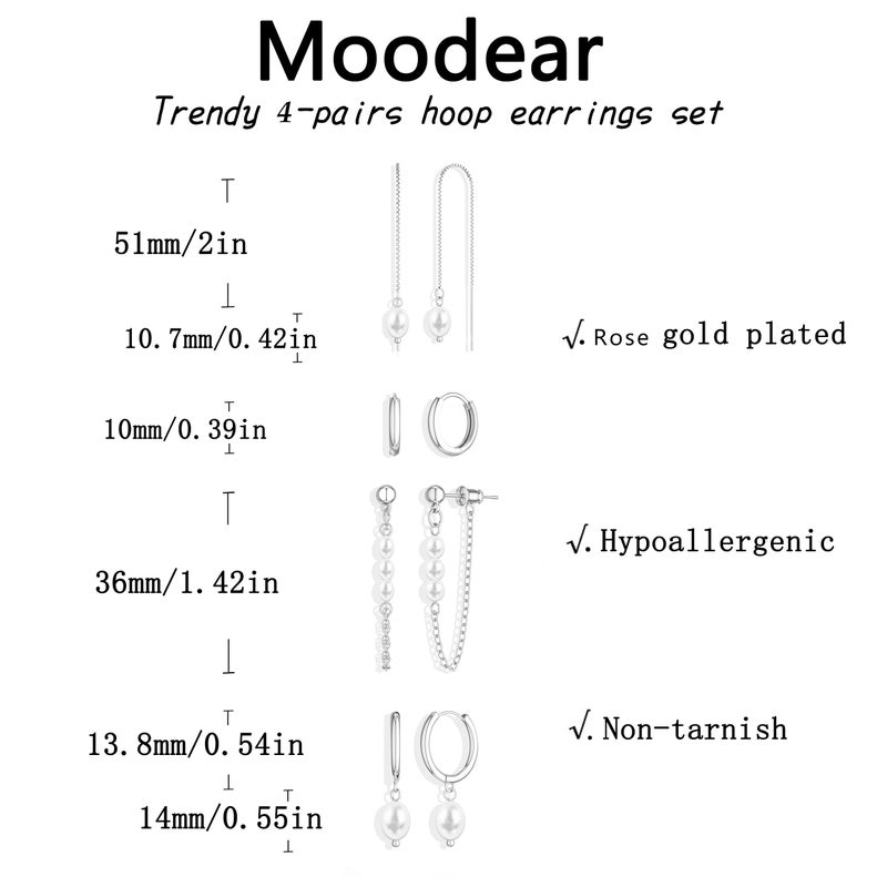 Moodear 925 Sterling Silver Earrings for Women - Trendy Pearl Dangle Hoop Huggie Hypoallergenic Earring Sets for Women Dainty Jewelry Gift - Image 5