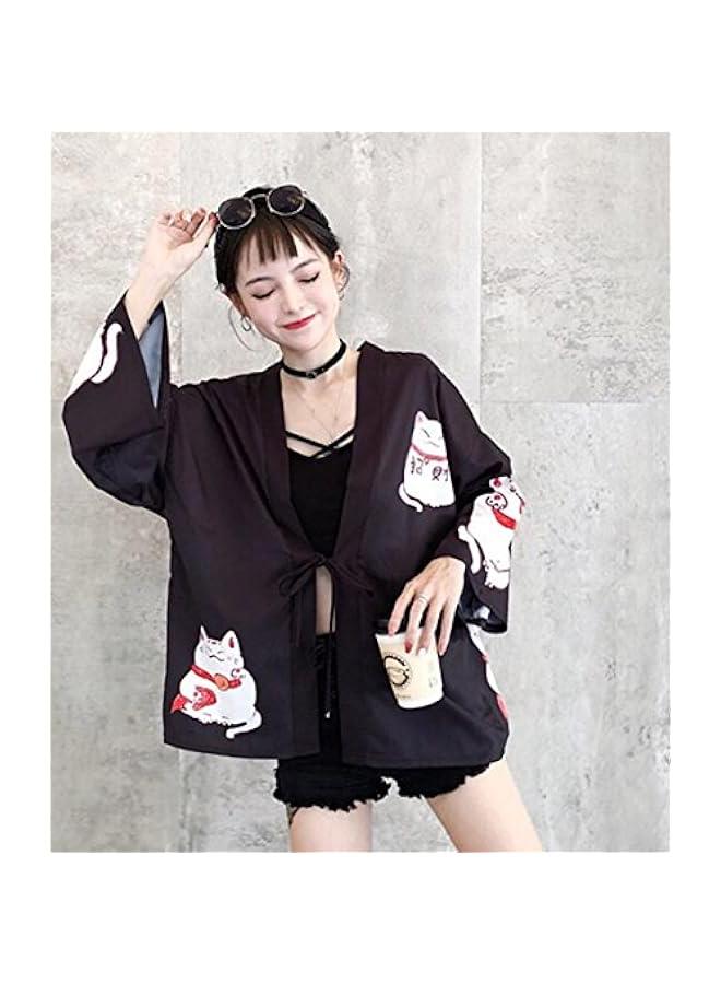 Arabest Women's Lucky Cat Cardigan Kimono Loose Cover up Casual Blouse Cute Tops - Image 3