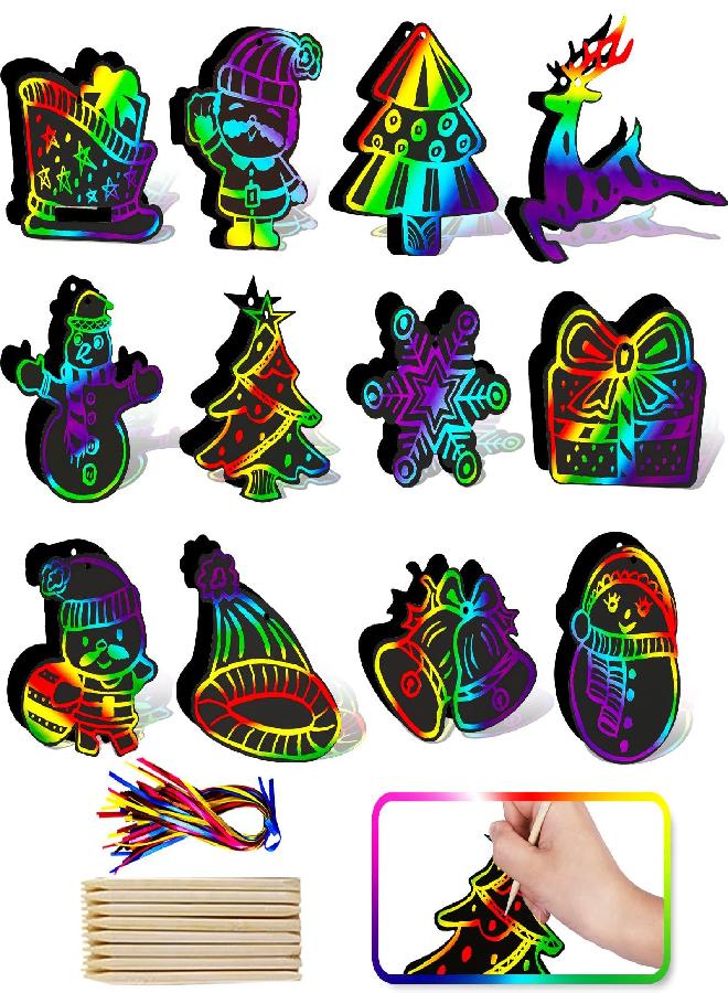Max Fun Max Fun Rainbow Color Scratch Christmas Ornaments (48 Counts) - Magic Scratch Off Cards Paper Hanging Art Craft Supplies Educational Toys Kit with 24PCS Drawing Sticks & Cords for Kids Party Favors - Image 2