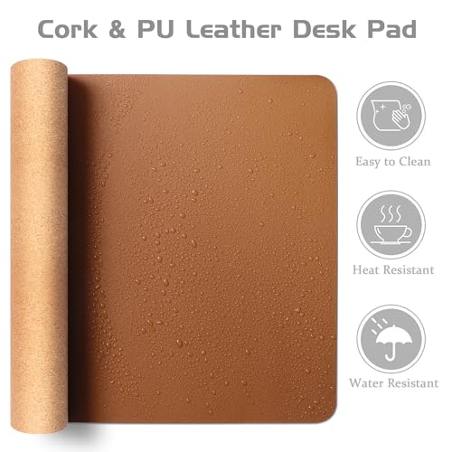 Aothia Double-Sided Desk Pad, Leather Desk Mat, Eco Cork Desk Pad Protector, Large Mouse Pad for Desk, Waterproof Desk Blotter Pad, Writing Pad for Office/Home(23.6""x13.7"",Brown), Brown+cork - Image 3