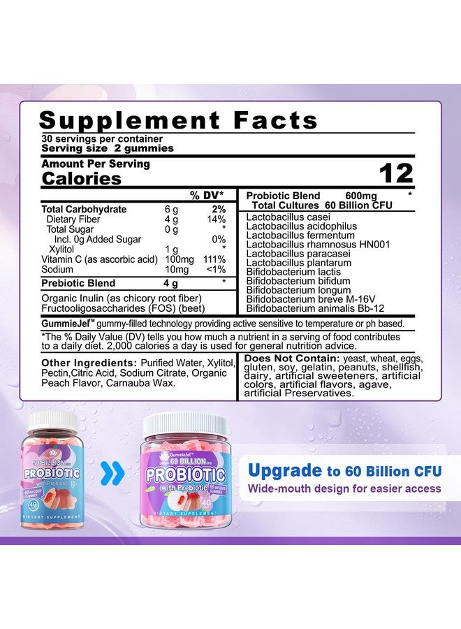EnvyDeal Sugar Free Probiotic Gummies 60 Billion CFU 11 Strains with Prebiotics Fiber, Probiotics Filled Gummies for Women Men Digestive Health, Peach Flavor, Supports Constipation, Diarrhea, Gas & Bloating - Image 2
