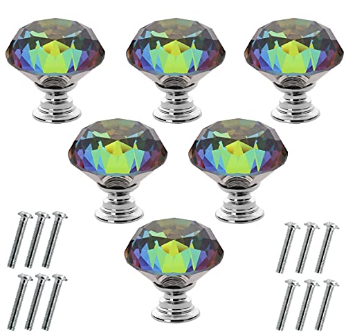 Akstore 6 Pcs Crystal Glass Cabinet Knobs 30mm Diamond Shape Drawer Kitchen Cabinets Dresser Cupboard Wardrobe Pulls Handles (30mm, Colorful) - Image 1
