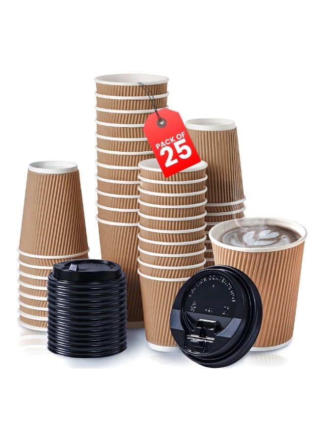 Duravel 25Pcs 8oz Ripple Coffee Cups with Lids Disposable Cups for Takeaway Coffee, Tea or Hot Drinks -Brown - Image 1