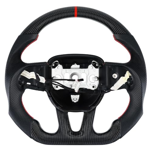 LOSCHEN Steering Wheel for Dodge, 3K Real Carbon Fiber Steering Wheel for Dodge/Jeep Grand Cherokee/SXT/GT/RT/SRT/HELLCAT, Perforated Leather Upgrade D-shaped Flat-bottom(with Heating Function) - Image 1