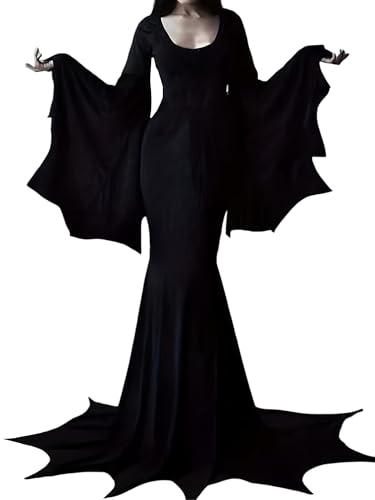 YEAXLUD Vampire Womens Halloween Costumes Long Wide Sleeves Morticia Addams Costume Wrap Gothic Witch Dress Witchy Dress black Medium - Image 1