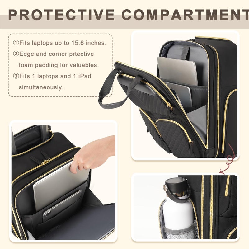 Arcoyard Underseat Carry On Luggage with Wheels, Multiple Compartments Airline Approved Personal Item Bag, Travel Carry-On with Leather Handle, Lightweight Rolling Suitcase for Women, Black Gold, L - Image 5