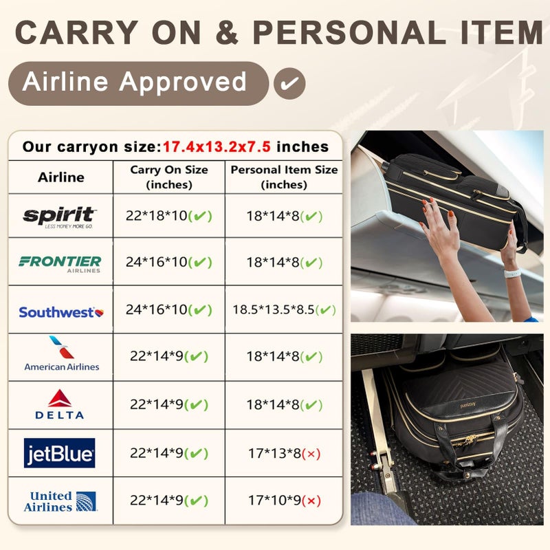 Arcoyard Underseat Carry On Luggage with Wheels, Multiple Compartments Airline Approved Personal Item Bag, Travel Carry-On with Leather Handle, Lightweight Rolling Suitcase for Women, Black Gold, L - Image 3
