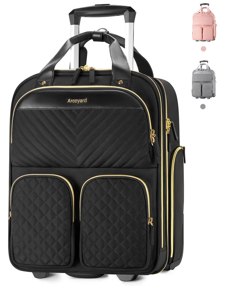 Arcoyard Underseat Carry On Luggage with Wheels, Multiple Compartments Airline Approved Personal Item Bag, Travel Carry-On with Leather Handle, Lightweight Rolling Suitcase for Women, Black Gold, L - Image 1