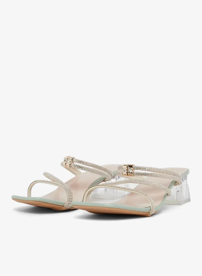 Take Two Green Rhinestone Strap Block Heel Sandals