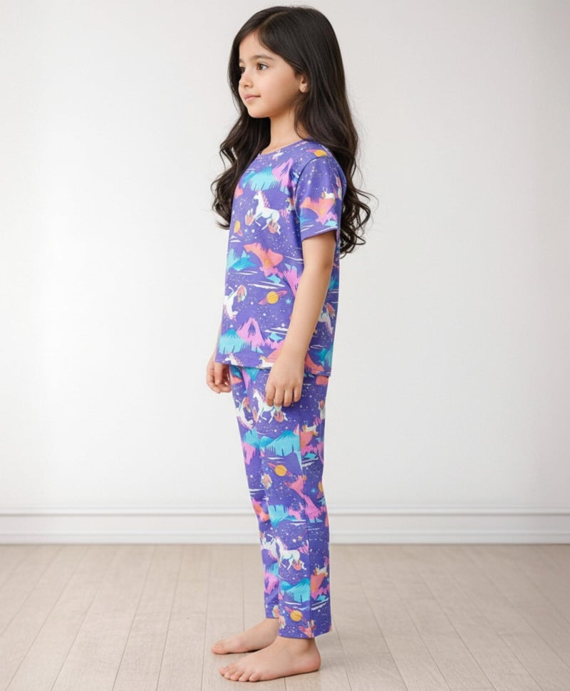 ANTHRILO Summer Unicorn Planet Short Sleeve Pyjama Set - Purple - Image 3