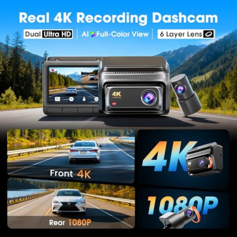 4K Dash Cam for Cars Front and Rear, 2160P+1080P Dashcam, 5GHz WiFi6 Car Dash Camera, 3" IPS with 32G eMMC GPS Night Vision 24H Parking Monitor ADAS G-Sensor Max Support 512G, Z60 - Image 2