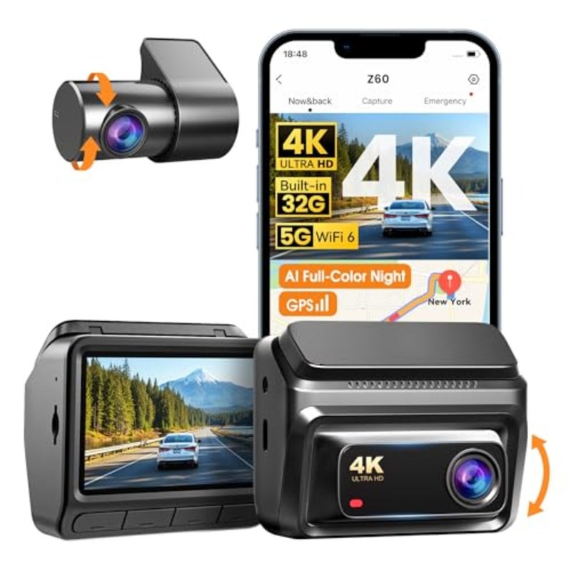 4K Dash Cam for Cars Front and Rear, 2160P+1080P Dashcam, 5GHz WiFi6 Car Dash Camera, 3" IPS with 32G eMMC GPS Night Vision 24H Parking Monitor ADAS G-Sensor Max Support 512G, Z60 - Image 1