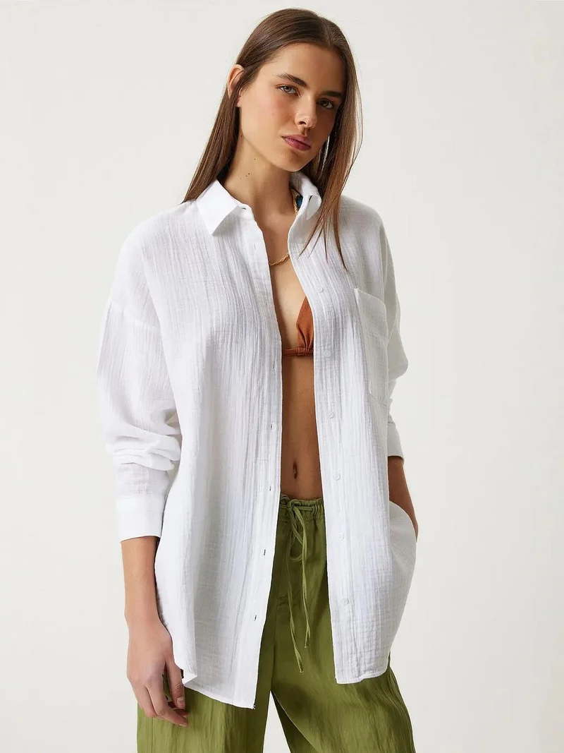 السعادة في إسطنبول ISTANBUL Oversized Textured Cotton Shirt with Pocket