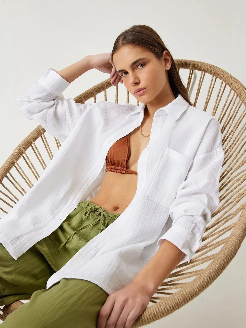 السعادة في إسطنبول ISTANBUL Oversized Textured Cotton Shirt with Pocket