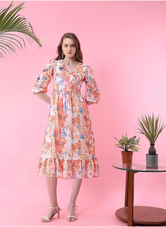 Mish Floral Print V Neck A-Line Midi Dress