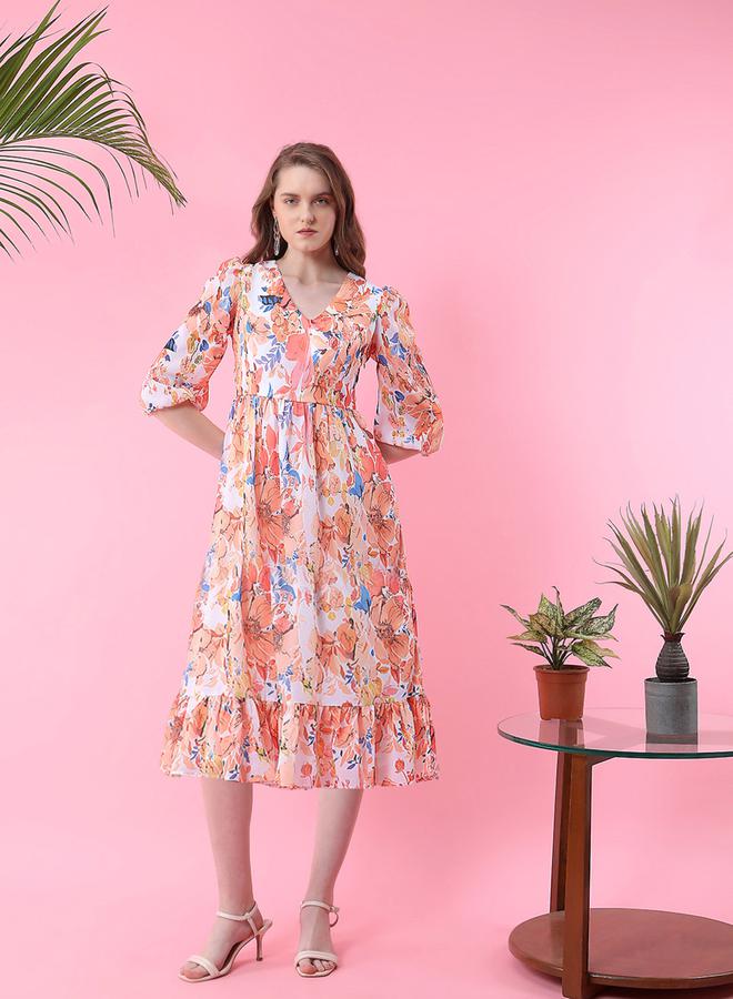 ميش فستان ميدي مطبع بزهور وحافة واسعة - Image 1