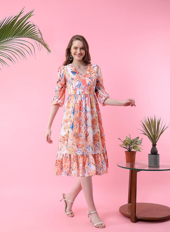 ميش فستان ميدي مطبع بزهور وحافة واسعة - Image 3