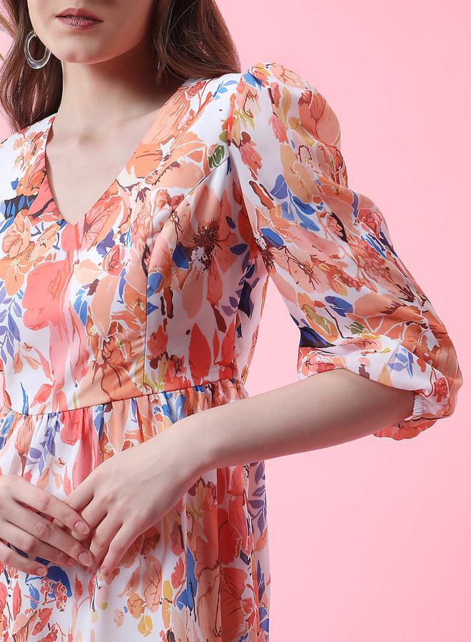 ميش فستان ميدي مطبع بزهور وحافة واسعة - Image 2