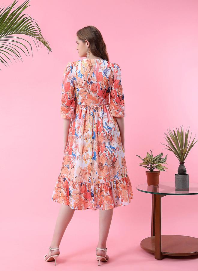 ميش فستان ميدي مطبع بزهور وحافة واسعة - Image 4