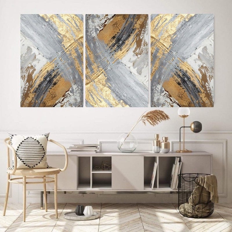 Marktna Three modern canvas paintings with an abstract design and a hollow frame, measuring (90×40), three pieces - Image 1