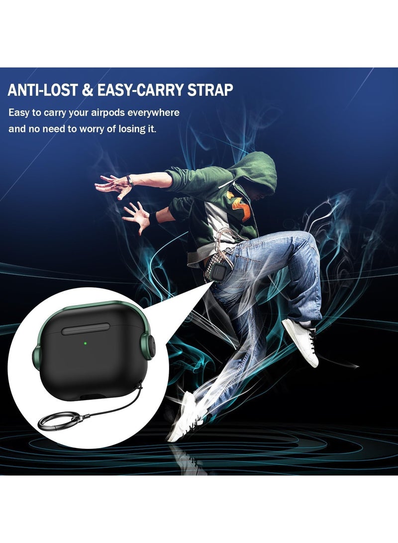 حافظة واقية لجهاز Airpods Pro 2 (مع غطاء إغلاق) (ضوء LED أمامي مرئي) (مع حزام معصم) حافظة جلدية متوافقة مع الجيل الثاني من Airpods Pro 2022 (أسود/أخضر) - Image 5
