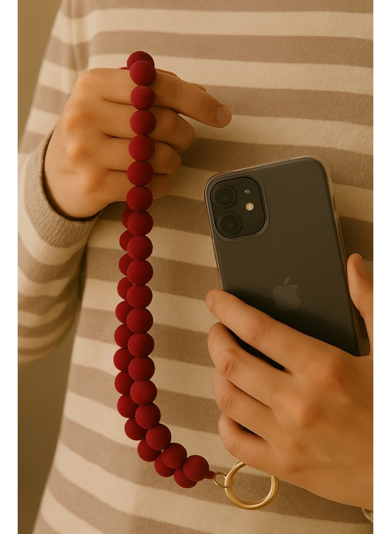 سوار حمل موبايل خرز مخملي لون نبيتي – مقبض يد أنيق مع علاقة كارت شفافة – مناسب لجميع الهواتف - Image 2