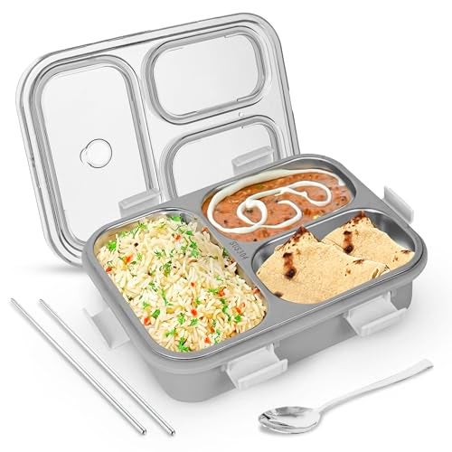 MEDALLIX 3 Compartment Stainless Steel Lunch Box | Leak-Proof & Insulated Bento Tiffin | 750ml BPA-Free Food Container with Spoon & Chopsticks for Kids, Adults, Office, College & School - Grey - Image 1