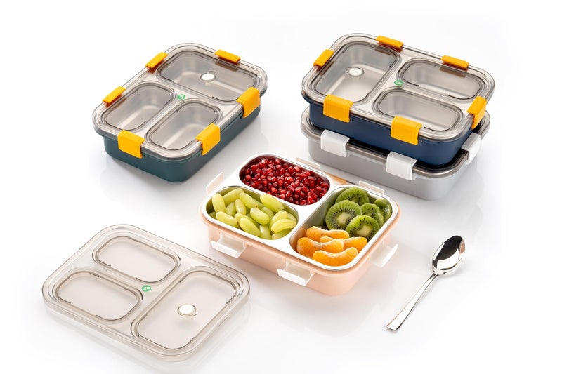 MEDALLIX 3 Compartment Stainless Steel Lunch Box | Leak-Proof & Insulated Bento Tiffin | 750ml BPA-Free Food Container with Spoon & Chopsticks for Kids, Adults, Office, College & School - Grey - Image 2