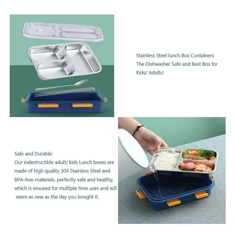 MEDALLIX 3 Compartment Stainless Steel Lunch Box | Leak-Proof & Insulated Bento Tiffin | 750ml BPA-Free Food Container with Spoon & Chopsticks for Kids, Adults, Office, College & School - Grey - Image 5