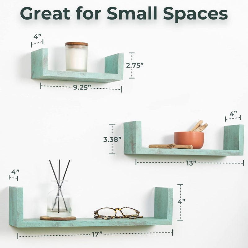 Greenco Set of 3 Floating U Shelves, Decorative, Rustic Turquoise Finish. - Image 3