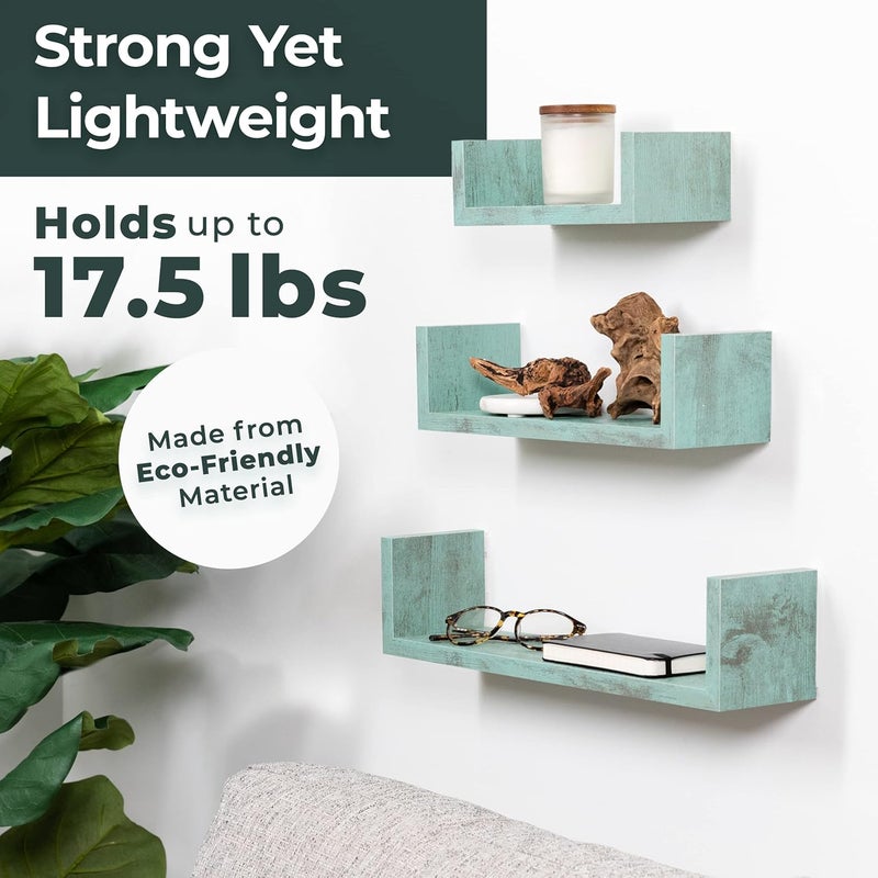 Greenco Set of 3 Floating U Shelves, Decorative, Rustic Turquoise Finish. - Image 4