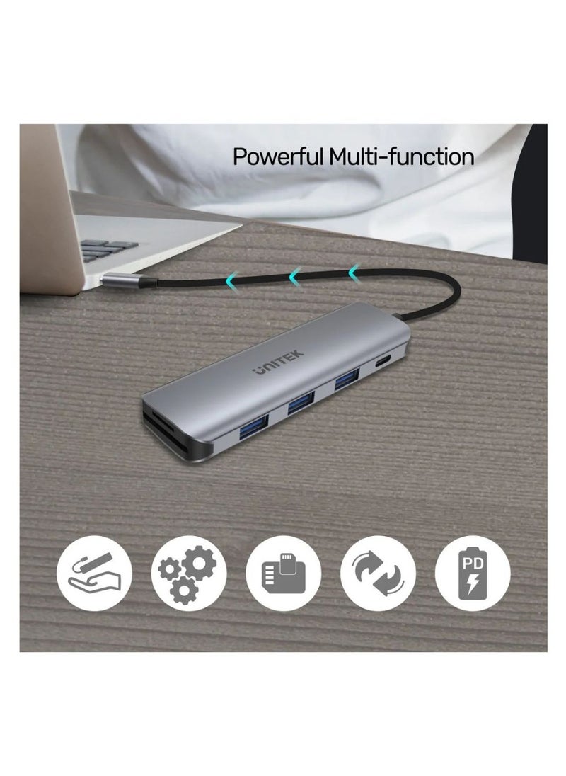 UNITEK - UNITEK uHUB P5+ 6-in-1 USB-C Hub with 100W Power Delivery, Dual Card Reader, 4K HDMI Output, and High-Speed Data Transfer for Laptops, Tablets, and Smartphones - Image 1