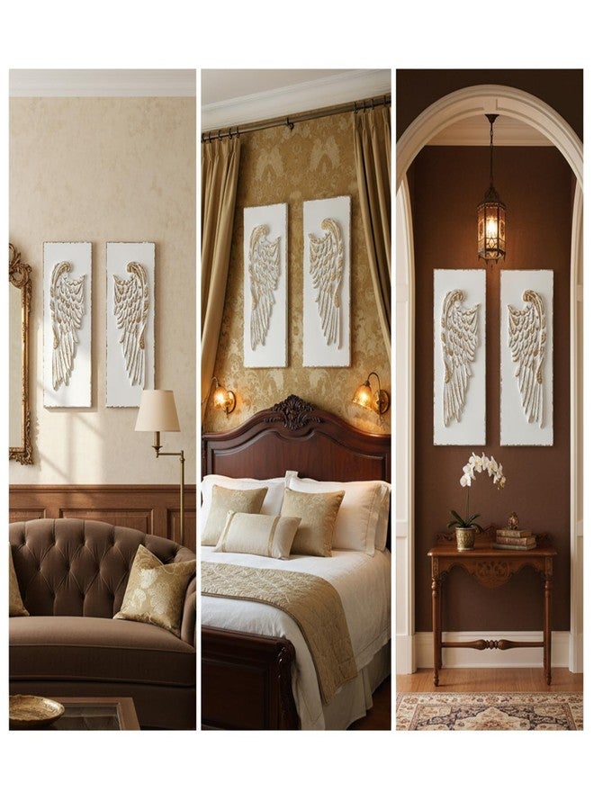 SOFE 2 Pcs Vintage Wood Carved Gold Angel Wings Wall Decor, 16 Inches Tall Wall Sculpture, 3D Art Wall Decor Distressed White for Home Bedroom, Hotel, Cafe, Office - Image 5
