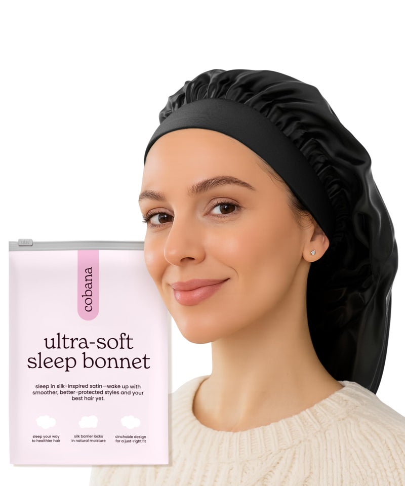 Cobana Adjustable Satin Sleep Bonnet â€“ Silk Bonnet & Double-Lined Night Cap for All Hair Types â€“ Soft, Slip-Resistant Hair Wrap for Sleeping (Black) - Image 1
