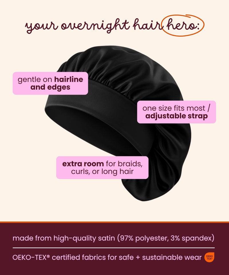 Cobana Adjustable Satin Sleep Bonnet â€“ Silk Bonnet & Double-Lined Night Cap for All Hair Types â€“ Soft, Slip-Resistant Hair Wrap for Sleeping (Black) - Image 3