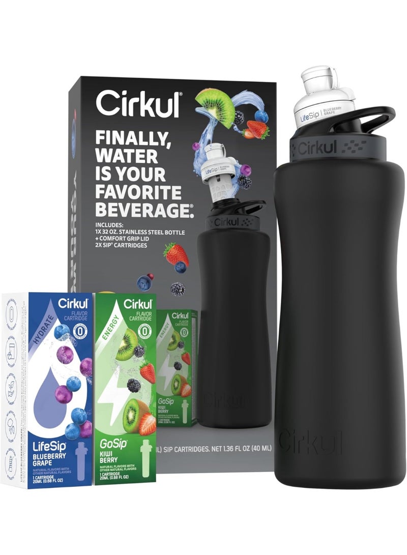 Cirkul 32oz. Matte Black Stainless Steel Water Bottle Starter Kit with Black Lid and 2 Flavor Cartridges (1 LifeSip Blueberry Grape, 1 GoSip Kiwi Berry) Zero Calories and No Sugar - Image 2