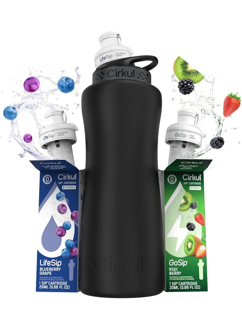 Cirkul 32oz. Matte Black Stainless Steel Water Bottle Starter Kit with Black Lid and 2 Flavor Cartridges (1 LifeSip Blueberry Grape, 1 GoSip Kiwi Berry) Zero Calories and No Sugar - Image 1