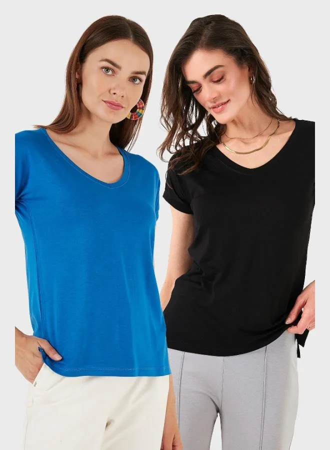 Lela Lela V-Neck Relaxed Fit Slit Detailed 2-Pack Blouse Women's BLOUSE 5862000S2