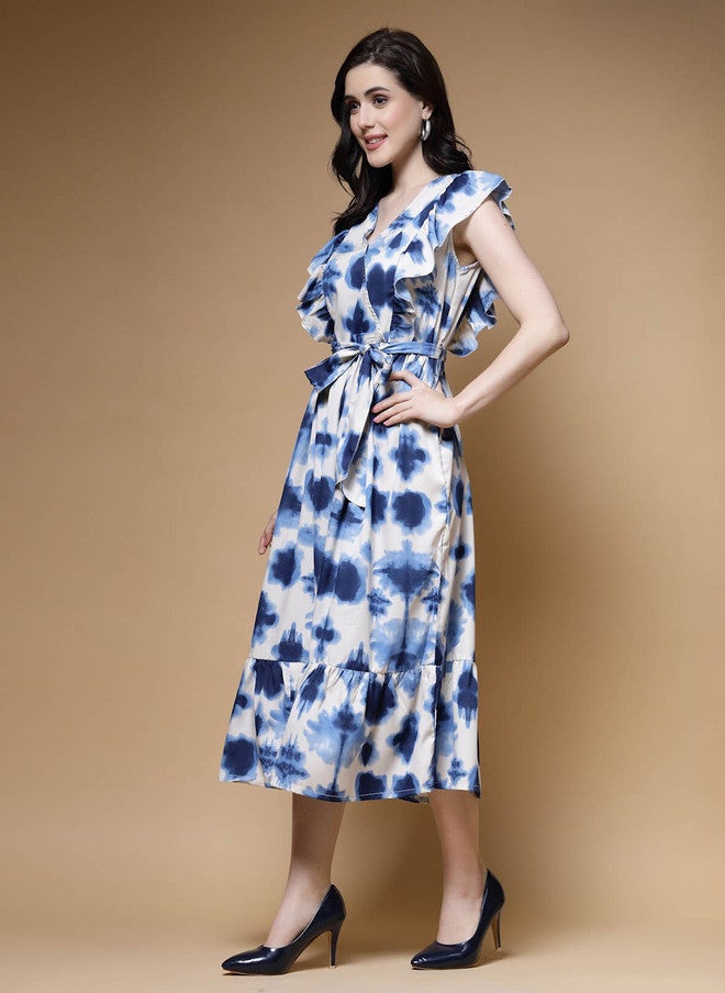 PlusS فستان ميدي بأكمام متطايرة مطبوع بتصميم تجريدي باللون الأزرق للنساء - Image 4