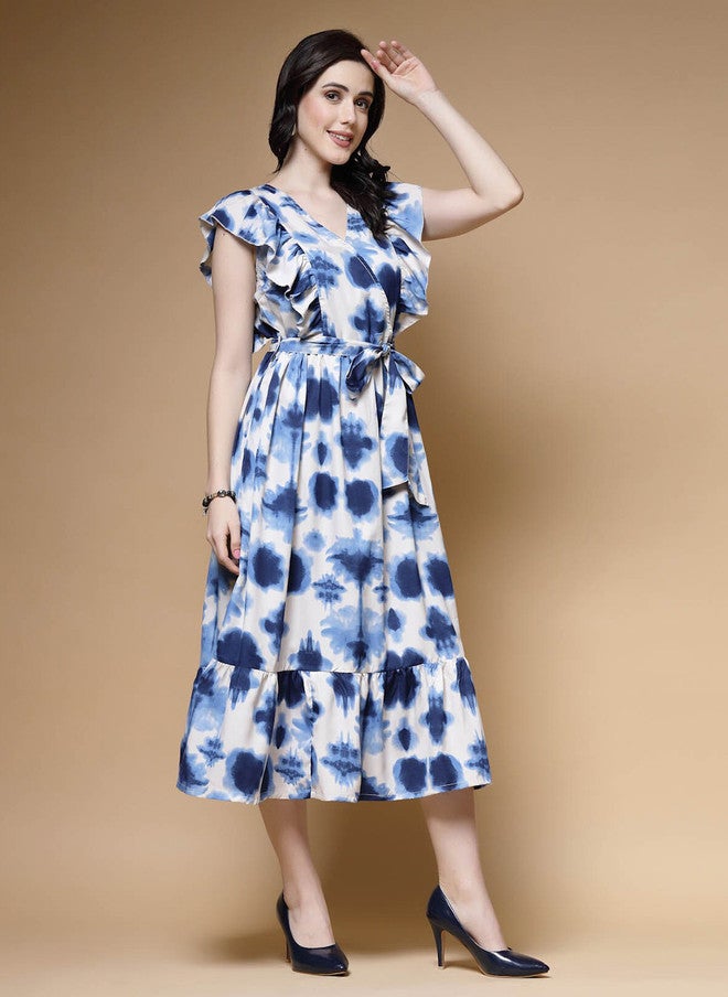 PlusS فستان ميدي بأكمام متطايرة مطبوع بتصميم تجريدي باللون الأزرق للنساء - Image 3