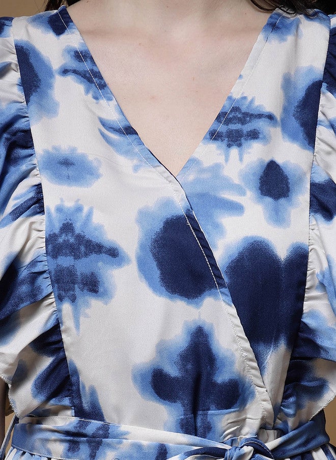 PlusS فستان ميدي بأكمام متطايرة مطبوع بتصميم تجريدي باللون الأزرق للنساء - Image 2