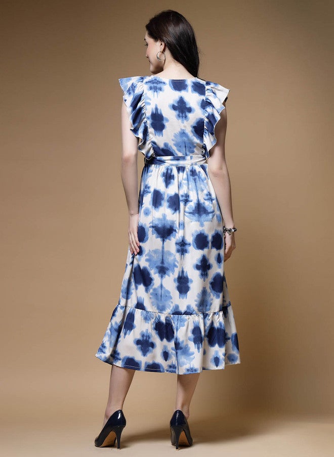 PlusS فستان ميدي بأكمام متطايرة مطبوع بتصميم تجريدي باللون الأزرق للنساء - Image 5