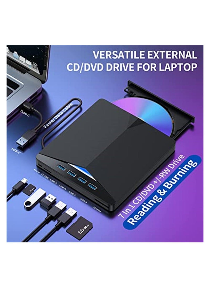 Captaintech External CD/DVD Drive for Laptop, 7 in 1 USB 3.0 DVD Player Portable CD/DVD Burner, Compatible with Laptop Desktop PC Windows 11/10/8/7 Linux Mac OS (Jet Black) - Image 2