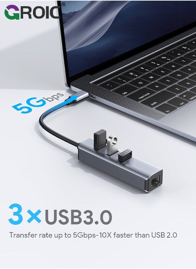 GROIC - USB C Ethernet Adapter, Hub with 3 3.0 & RJ45 Gigabit,Thunderbolt-4 OTG Network Multiport Dongle for MacBook Pro Air,iMac,iPad,Surface,XPS,Chromebook,Samsung Galaxy S23 Tab S8 - Image 1