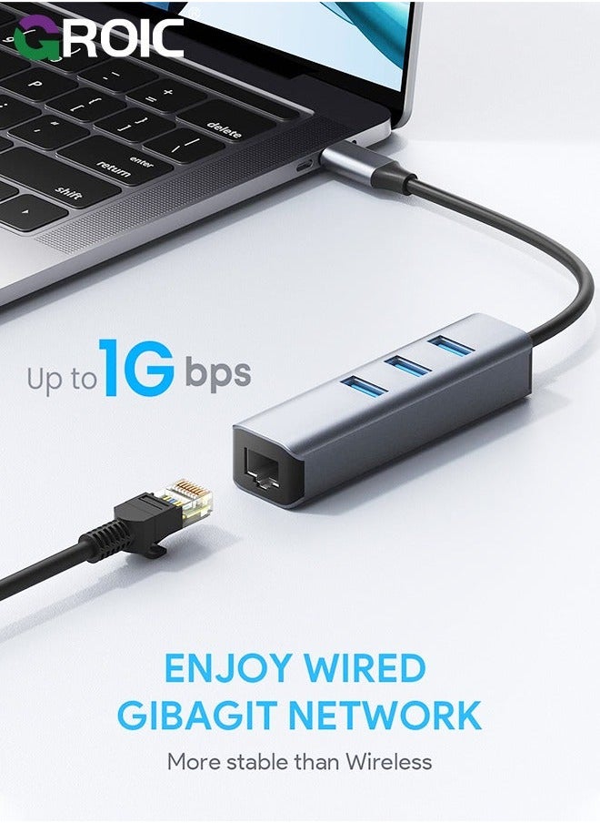 GROIC - USB C Ethernet Adapter, Hub with 3 3.0 & RJ45 Gigabit,Thunderbolt-4 OTG Network Multiport Dongle for MacBook Pro Air,iMac,iPad,Surface,XPS,Chromebook,Samsung Galaxy S23 Tab S8 - Image 1
