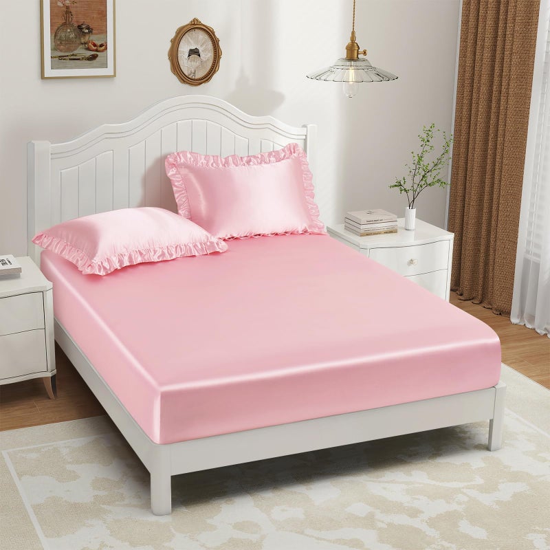 P Pothuiny 3-Piece Set Ruffle Satin Pillowcases & Full Fitted Sheet, Luxury Blush Pink Satin Fitted Sheet Silky Soft Cute Bedding Bedroom Dorm Decor, Wrinkle Free, 15 Inch Deep Pocket - Image 3